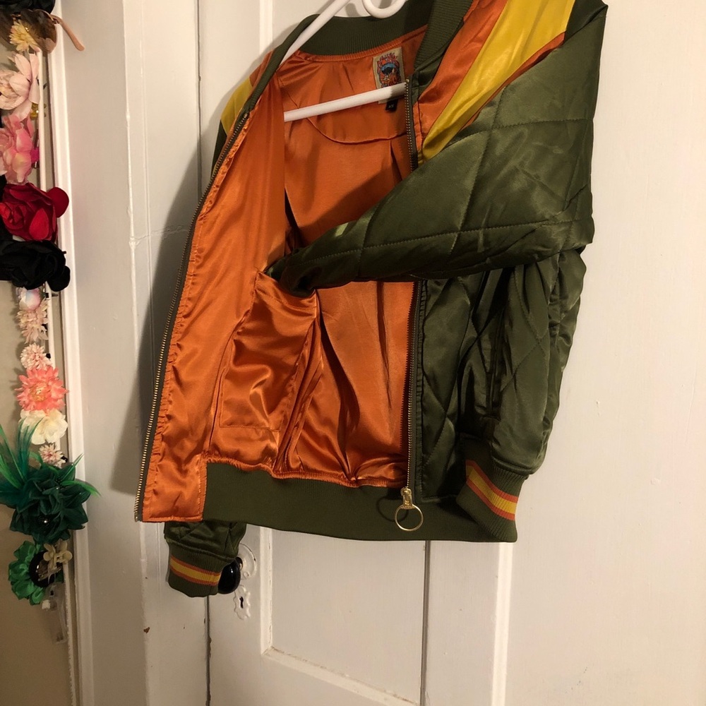 Classic Rock Couture Olive Green Sunburst Silky Bomber - Picture 4 of 4